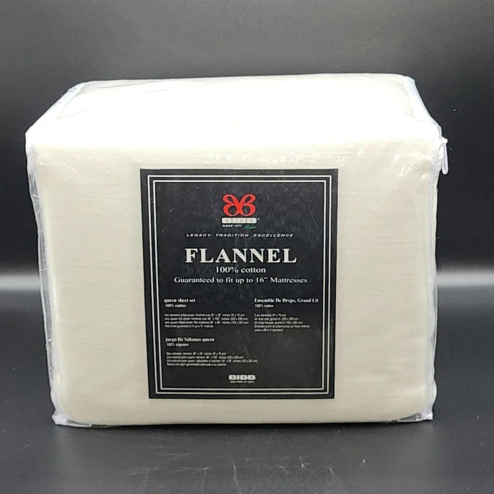 BIBB Home Heavy Cotton Flannel Sheet Set Queen Size Ivory 4pc Soft Cozy And Warm